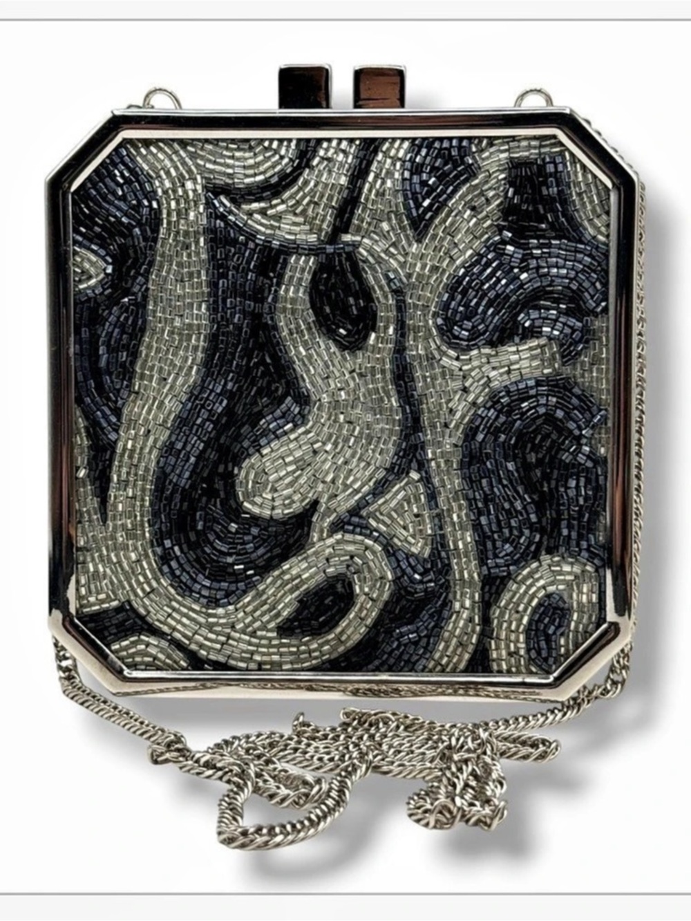 WoodwardD Beaded Frame Clutch in Black & Silver